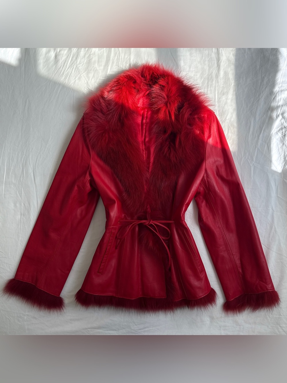 Vintage Y2K Red Leather Real Fur Trim Jacket Coat Belted Size M Penny Lane
